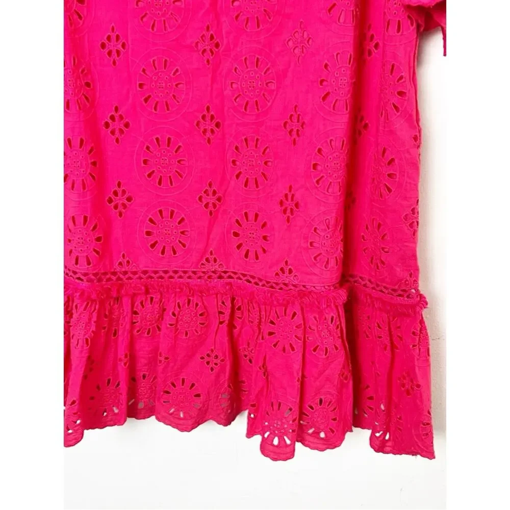 NWT SZ 4 Anthropologie Hot Pink Eyelet Ruffle Shift Dress